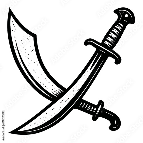 Dynamic Crossed Sabers Emblem Illustration, featuring two classic curved blade scimitars in a bold black and white vintage style, perfect for pirate themes, medieval designs, adventure logos, or histo