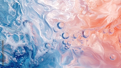 Abstract swirling fluid art with blue, peach, and white colors and air bubbles.