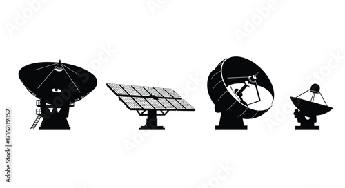 Set of four astronomical and solar energy devices silhouette collection scientific technology concepts vector