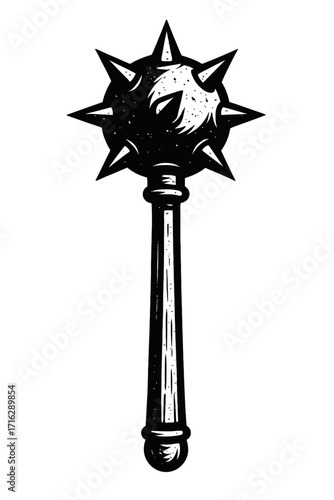 Strikingly detailed black and white illustration of a formidable medieval spiked mace weapon, rendered in an authentic hand-drawn woodcut or linocut style, ideal for historical warfare themes, fantasy