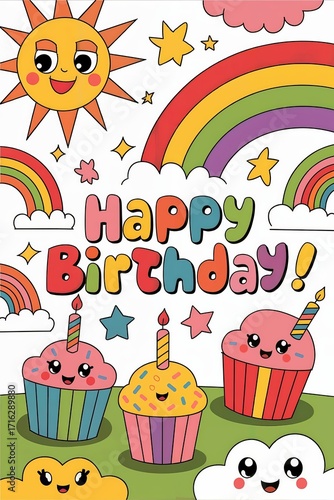 Colorful and Cheerful Birthday Celebration Illustration with Cupcakes and Rainbows