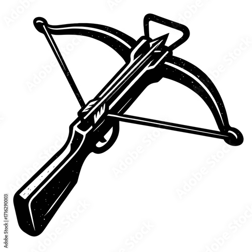 Classic black and white crossbow illustration, perfect for archery enthusiasts and historical themes. This detailed graphic features a vintage-style weapon with an arrow loaded, ideal for gaming, logo
