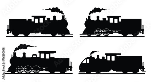 Vintage steam locomotive silhouettes set collection transportation nostalgia travel vector