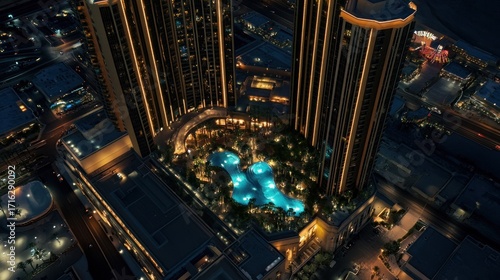 Night aerial view of city skyscrapers with illuminated rooftop pool.