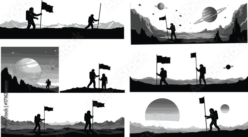 Astronauts with flags on alien planets vector set, space exploration silhouettes with mountains, moons, planets, and futuristic interstellar landscape illustrations.