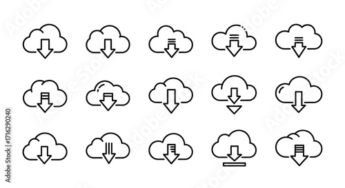 Collection of hand drawn cloud download icons symbolizing digital data transfer and storage in a grid layout vector