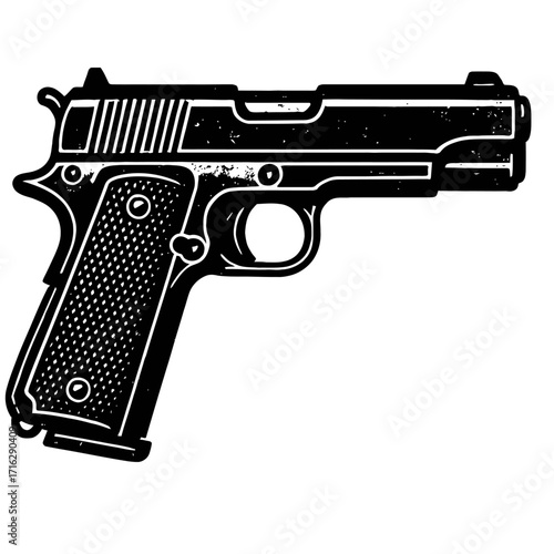 Classic M1911-style semi-automatic pistol, detailed black and white illustration, showcasing iconic handgun design, tactical weapon art, vintage firearm graphic, gun enthusiast collectible, historical