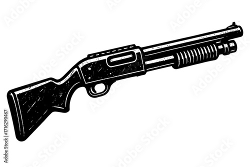 Vintage Pump Action Shotgun Illustration - Classic Firearm Artwork with Distressed Texture, Perfect for Hunting, Sport Shooting, Self-Defense Enthusiasts & Collectors. Ideal Graphic Design Element, Ap