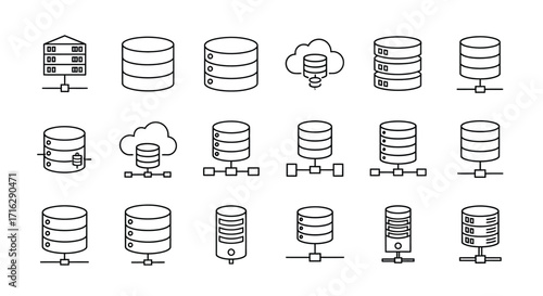 Set of hand drawn database icons represents cloud storage data management and network connectivity vector