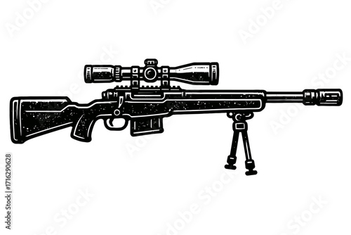 Black & white distressed vector of a tactical sniper rifle, scope, bipod. Perfect for military, hunting, shooting sports designs, apparel, logos, digital art. Conveys marksmanship, power, and rugged f