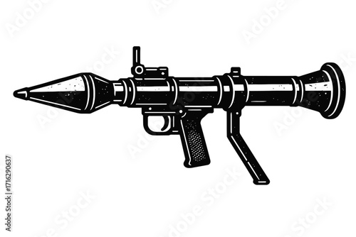 Powerful Rocket Propelled Grenade (RPG) Launcher Illustration: An Iconic Anti-Tank Weaponry Silhouette Perfect for Military, Warfare, Combat, and Tactical Designs. A Vector Graphic Representing Modern