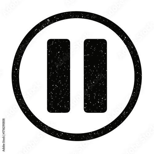 Black and white grainy pause symbol icon. Two parallel vertical bars inside a bold circle. Distressed grunge style, media control for stop/hold. Perfect for UI, audio, video players, retro/vintage des