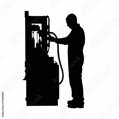 Silhouette of technician adjusting pressure gauge of injection molding machine isolated on white background
