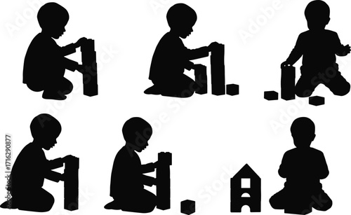 Silhouette of child playing with toy building blocks, creative learning, early childhood education, imagination, construction skills, development, fun activity