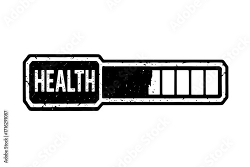Distressed black and white 'HEALTH' progress bar vector, showing moderate vitality (approx. 70% full). Ideal grunge icon for retro gaming UI, fitness apps, medical status, or wellness trackers. Repres