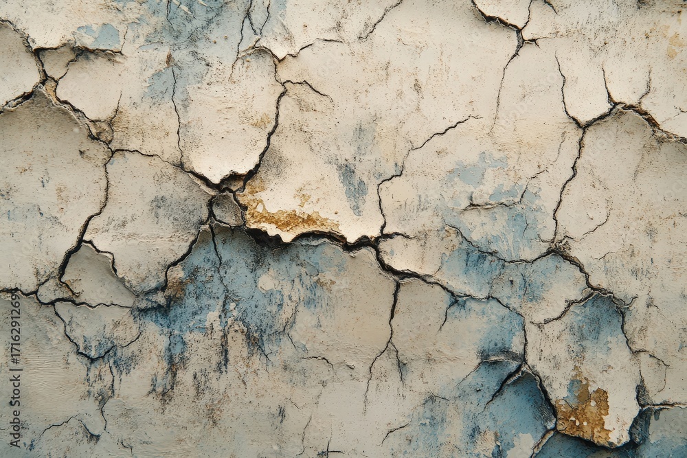 Obraz premium A close-up view of a weathered, cracked surface exhibiting a mix of muted beige, cream, and faded blue tones, creating a texture of aged plaster or stucco.