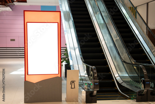 Close-up View Of Empty Billboard In Shopping Mall With Blurred Background