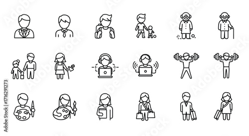 Diverse hand drawn people icons representing professions lifestyles and activities in a grid vector