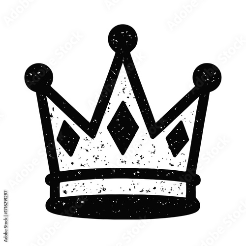 Distressed black and white crown icon with grunge texture, representing vintage royalty, power, and leadership. Ideal vector graphic for logos, branding, apparel, web design, gaming, fantasy art, luxu