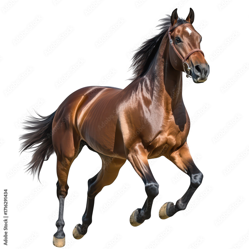 Obraz premium A majestic brown horse galloping energetically across a bright white background. its powerful physique and graceful movement. ideal for equine-themed projects or sports imagery
