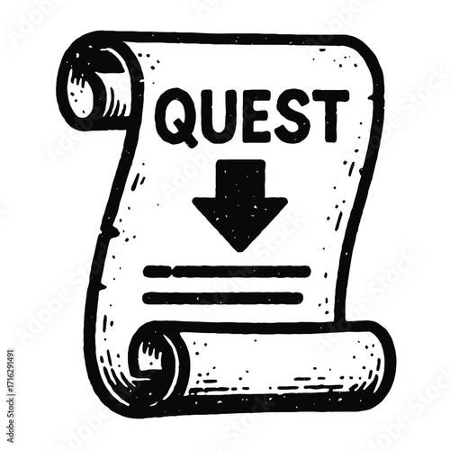 Hand-drawn scroll icon: 'QUEST' text & a down arrow. Symbolizes new mission, adventure, task, or download. Perfect for game UI, RPG, fantasy themes, quest logs, objectives. Rustic, vintage parchment a