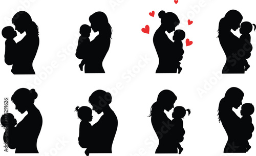 Mother and Child Silhouette Vector – Emotional Bond, Nurturing Poses, Heart Symbols, and Affectionate Gestures Depicting Maternal Love and Care in Minimalist Design