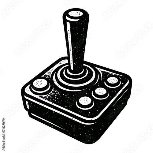 Vintage Retro Gaming Joystick Controller Black & White Illustration - Classic Arcade Video Game Input Device Art Print - Old School Gamer Accessory Graphic Design - Distressed Woodcut Style Vector Ima