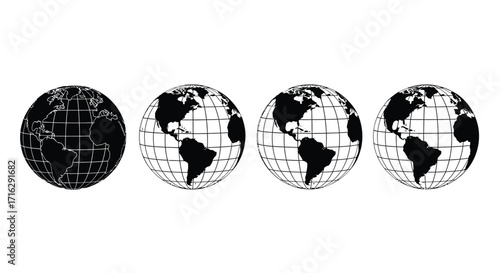 Four detailed globe icons showing different continents and latitudes earth representation vector
