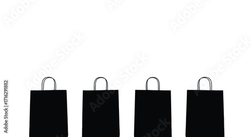 Four black shopping bags lined up in a row with handles ready for purchases vector
