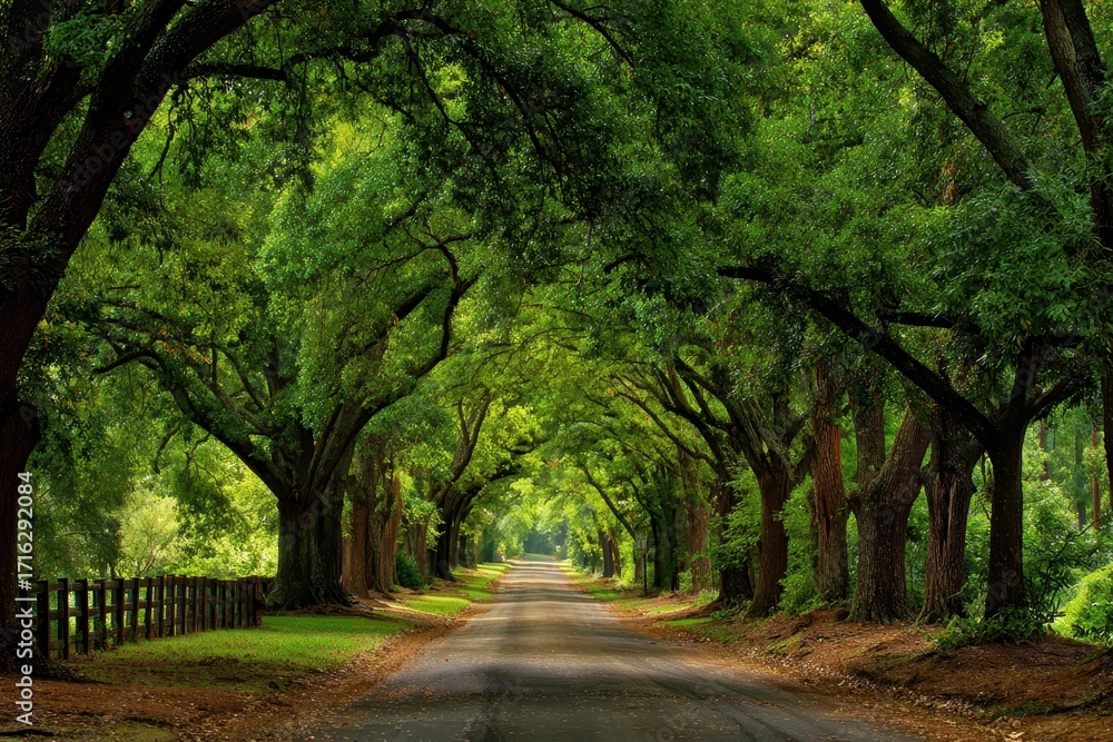 Naklejka premium Scenic Aiken Pathway. Lush Green Alley Surrounded by Trees in a Serene Forest Landscape
