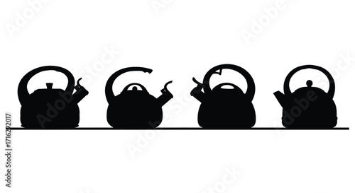 Collection of vintage black teapots lined up on a flat surface for tea time vector