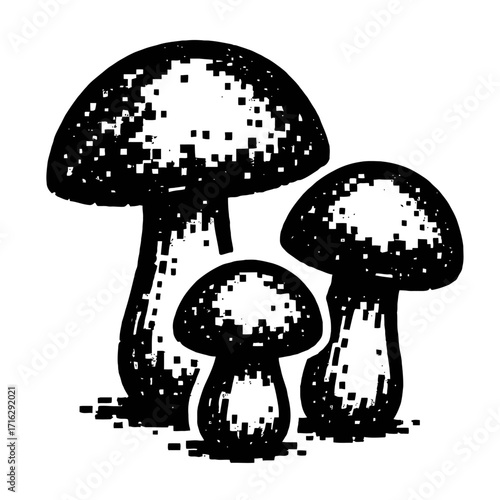 Black and white illustration of three mushrooms with a distressed, pixelated, woodcut-style texture. This artistic botanical image, featuring one large and two smaller fungi, is perfect for nature-the