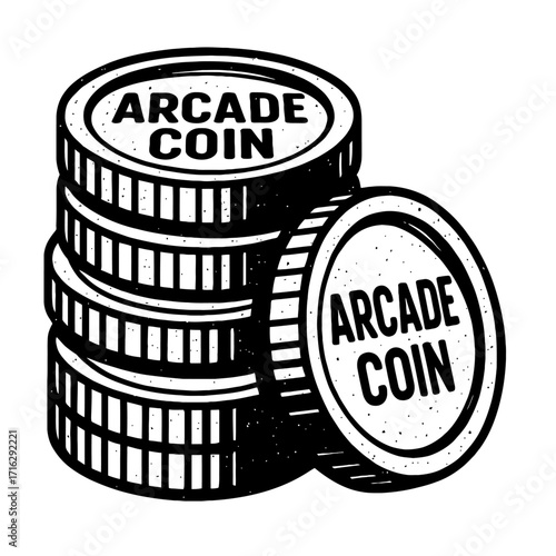 Black and white hand-drawn vector illustration of stacked 'Arcade Coin' tokens with distressed grunge texture. Ideal for retro gaming, old-school amusement, iconic currency, arcade culture, play, vint