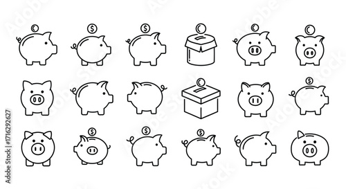 Collection of hand drawn piggy bank icons simple doodle art symbols for saving money and financial concepts vector