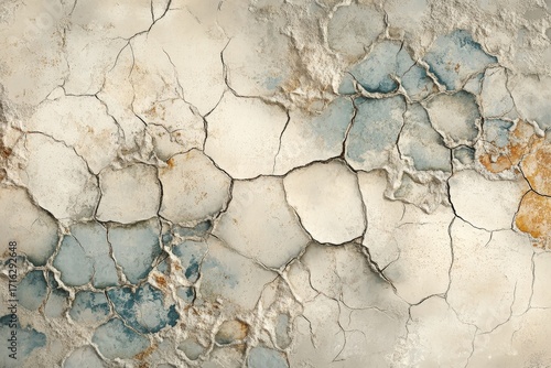 A textured surface exhibiting deep cracks, showcasing a palette of muted tones including light beige, muted grays, and hints of ochre.