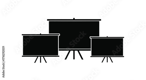 Three black presentation screens on tripod stands displaying projectors screens for business meetings and education vector