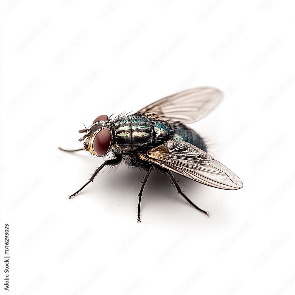 Obraz premium Close-up of a Common Fly: A detailed view of a common fly, showcasing its intricate compound eyes, delicate wings, and segmented body.