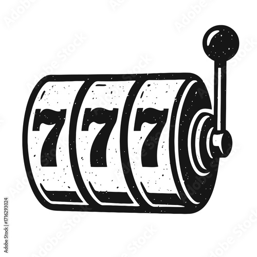 Vintage black and white slot machine illustration, featuring lucky triple sevens (777) and a classic pull lever. Symbolizes jackpot wins, casino gambling, and retro fortune. Distressed graphic evokes