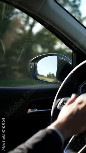 Wallpaper Mural Car interior view with driver holding steering wheel, side mirror showing a tree-lined road during daytime on a sunny trip Torontodigital.ca