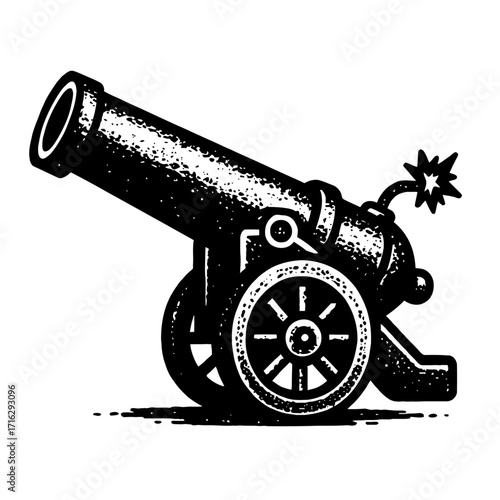 Dynamic vintage black and white illustration of an antique naval or land cannon with a lit fuse, sparking fiercely, captured in a detailed grunge woodcut style, perfect for historical, military, or pi