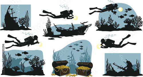 Scuba Divers Exploring Shipwrecks and Treasure – Underwater Adventure Vector Featuring Marine Life, Coral, Flashlights, Sunken Ships, and Ocean Floor Discovery Scenes