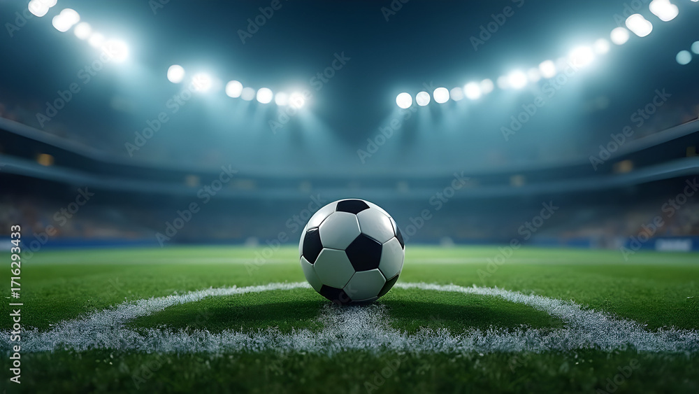 Fototapeta premium Football positioned on field markings under spotlights