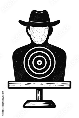 Vintage distressed human silhouette shooting range target with bullseye on chest, featuring a classic cowboy hat design, perfect for western-themed marksmanship practice, tactical training, competitiv