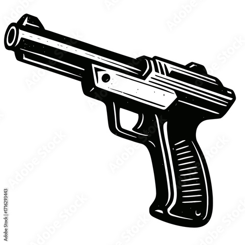 Dynamic Black and White Stylized Handgun Vector Illustration Art: A Striking Graphic Depicting a Modern Pistol, Perfect for Design Projects, Gaming Assets, or Themed Content Representing Security, Con