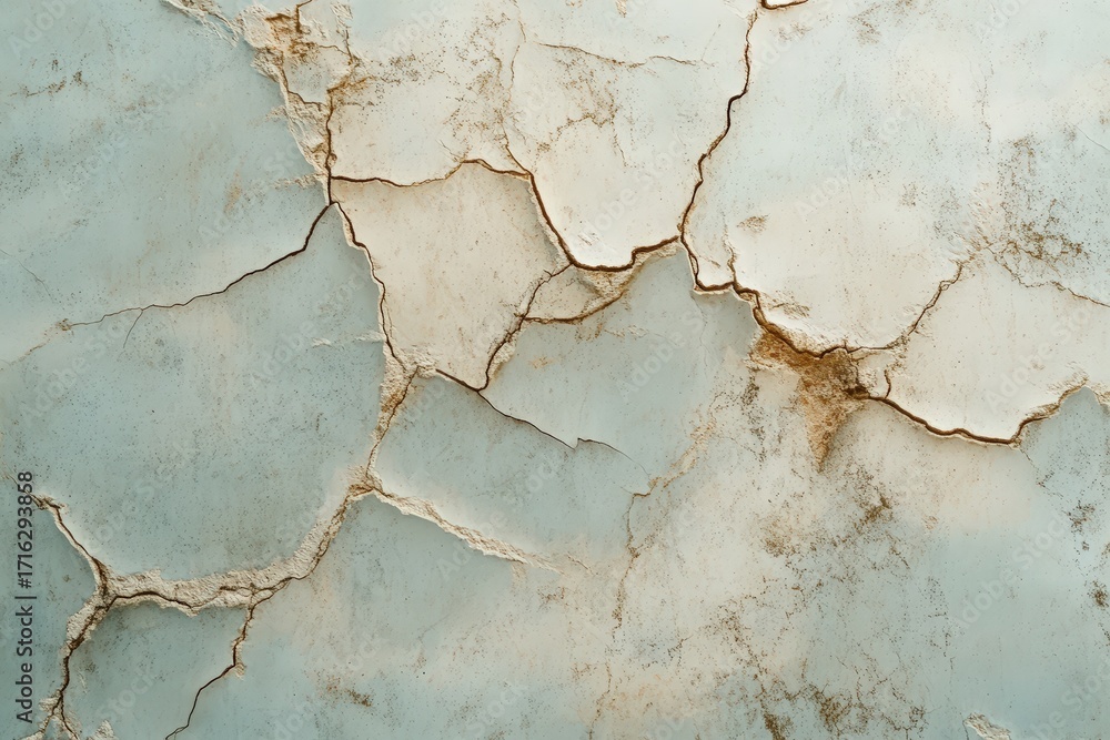 Naklejka premium A close-up view of a weathered surface with numerous deep cracks, exhibiting a muted palette of light gray and beige tones.