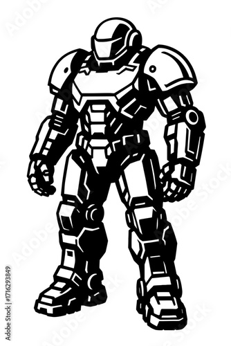 Futuristic combat robot black and white vector art, heavily armored, robust mecha warrior, sci-fi illustration, powerful stance, ideal for game assets, graphic novels, concept art, showcasing advanced