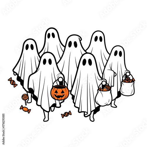 Group of ghosts trickortreating isolated on transparent background with candy halloween clipart