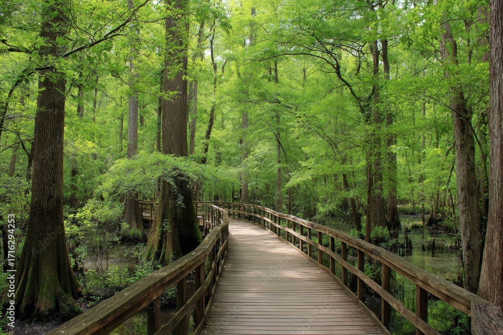Fototapeta premium Congaree National Park Walkway: Enchanted Boardwalk Through Verdant Forest in Spring and Summer