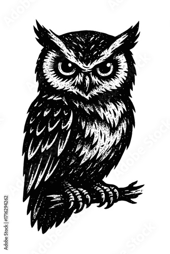 Black and White Owl Illustration: Majestic nocturnal bird art, distressed woodcut style, intricate feather details, powerful piercing gaze. Ideal for vintage art, rustic decor, nature designs, graphic
