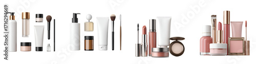 Assortment of cosmetic beauty products in white packaging on a white background, isolated. Mockup template.